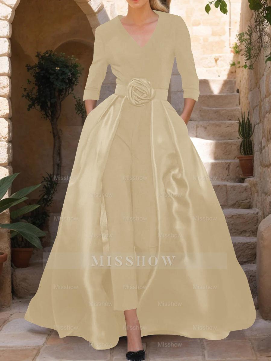 Mother of the Bride V-Neck Pantsuit with 3/4 Sleeves and Flower Belt