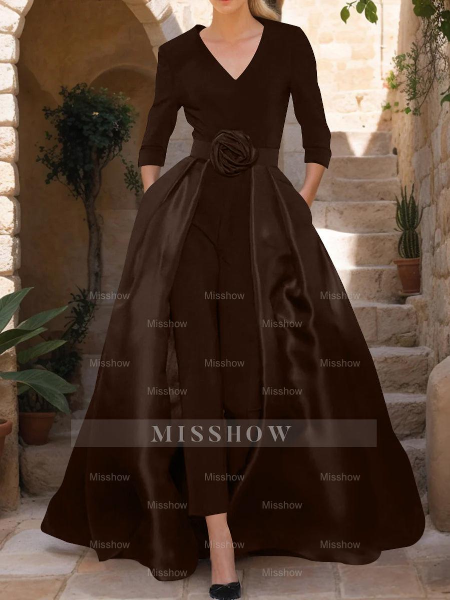 Mother of the Bride V-Neck Pantsuit with 3/4 Sleeves and Flower Belt