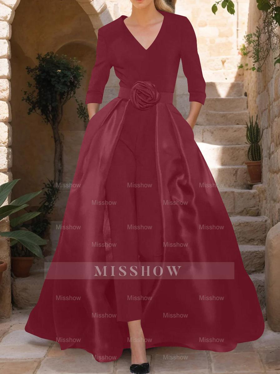 Mother of the Bride V-Neck Pantsuit with 3/4 Sleeves and Flower Belt
