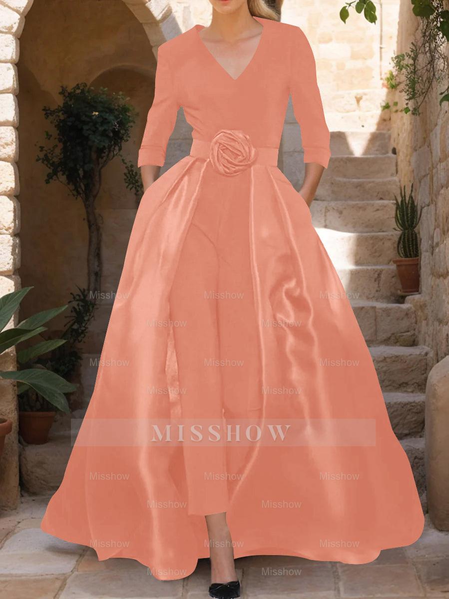 Mother of the Bride V-Neck Pantsuit with 3/4 Sleeves and Flower Belt