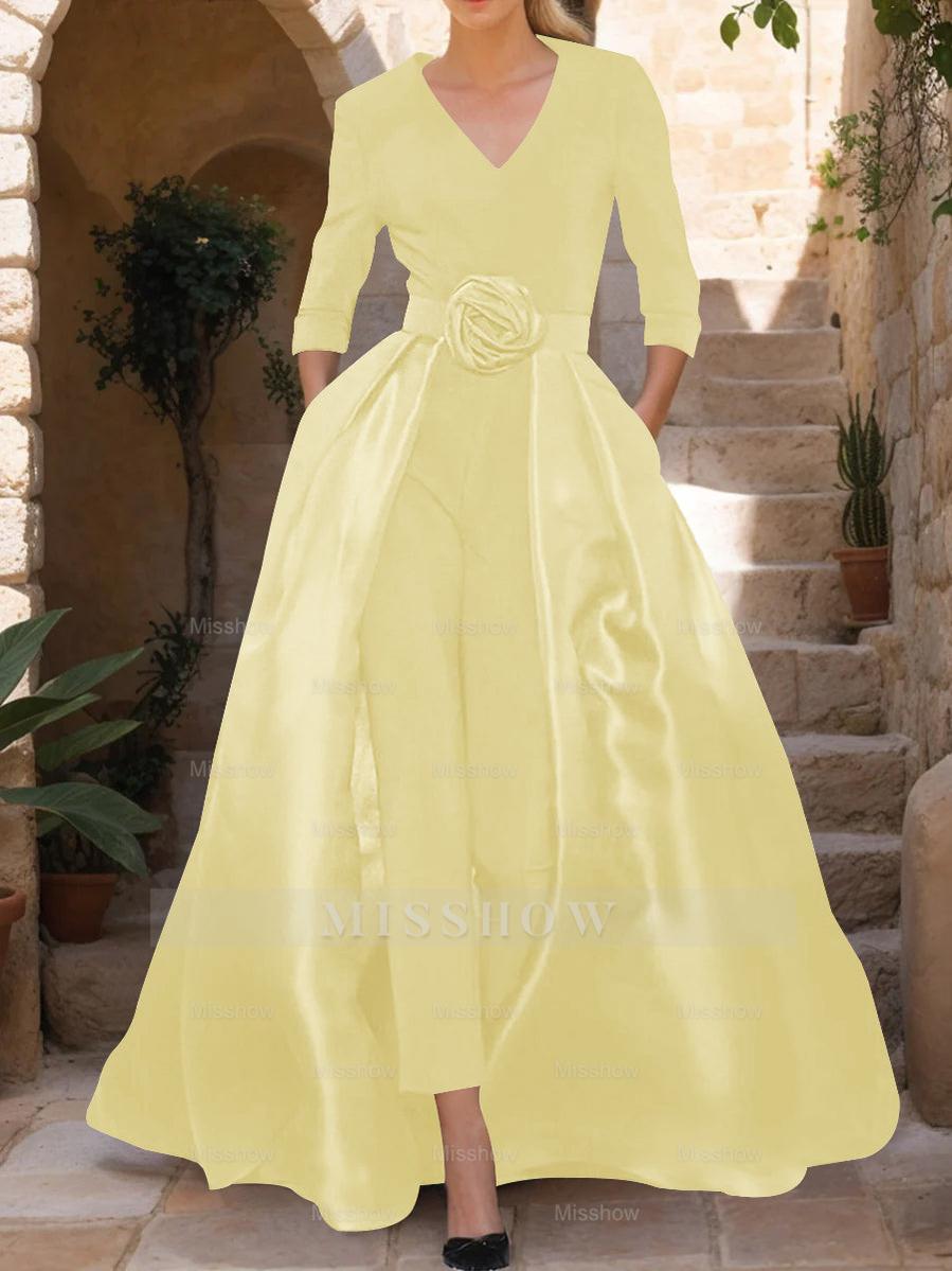 Mother of the Bride V-Neck Pantsuit with 3/4 Sleeves and Flower Belt