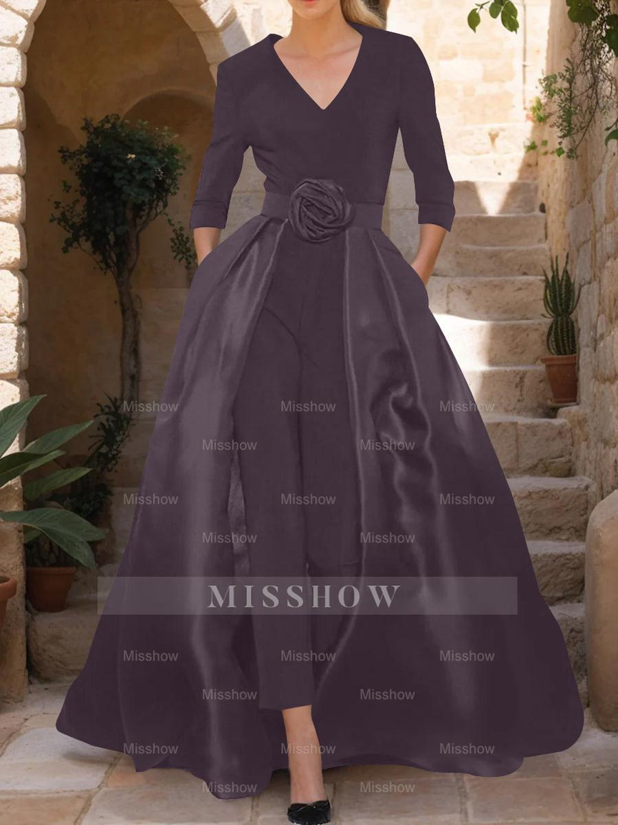 Mother of the Bride V-Neck Pantsuit with 3/4 Sleeves and Flower Belt