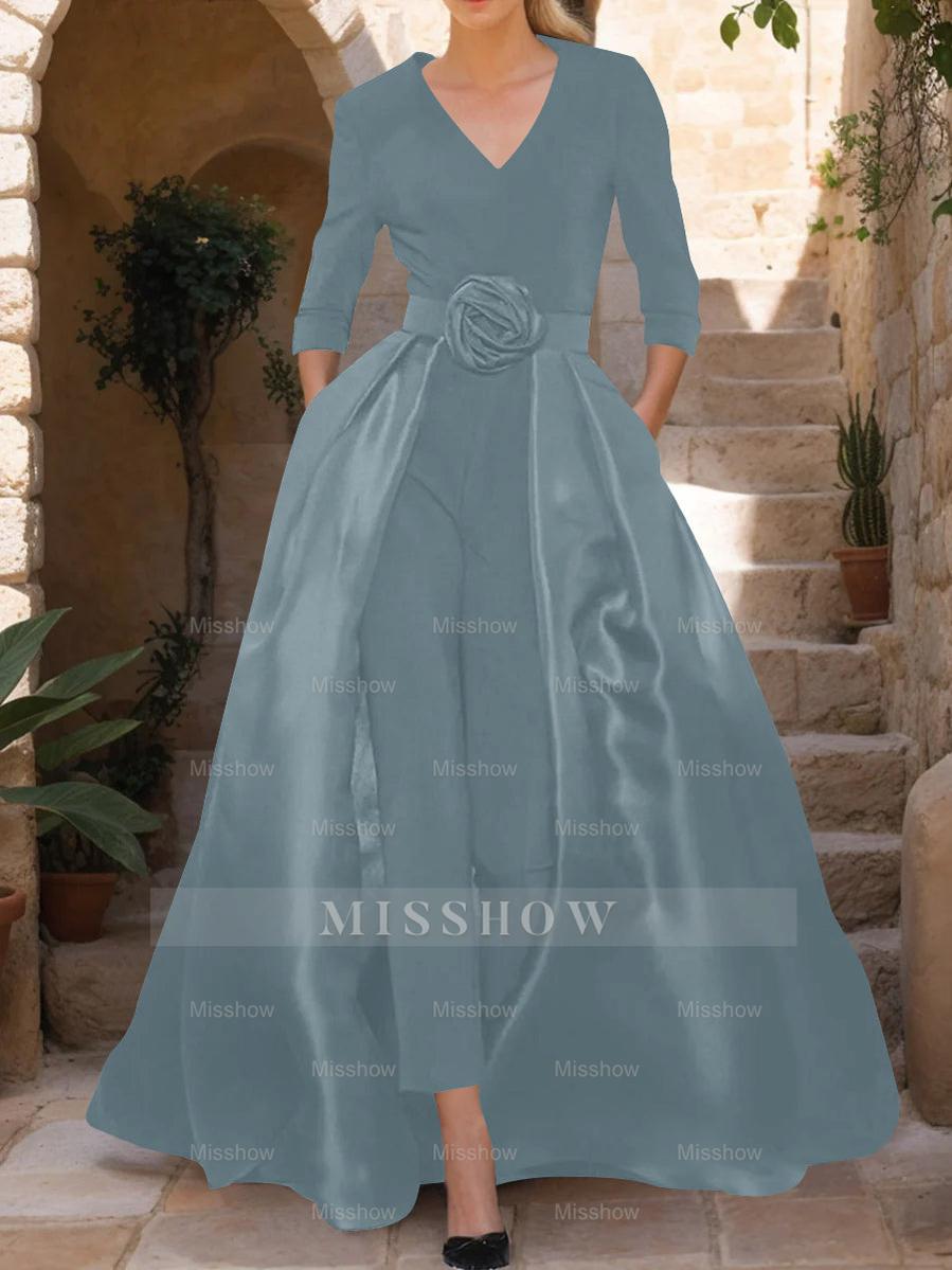 Mother of the Bride V-Neck Pantsuit with 3/4 Sleeves and Flower Belt