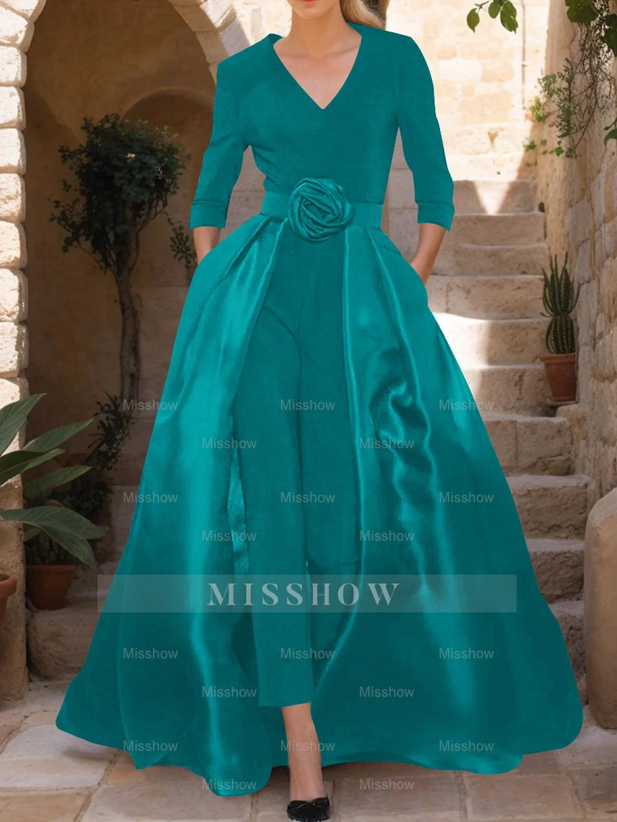 Mother of the Bride V-Neck Pantsuit with 3/4 Sleeves and Flower Belt