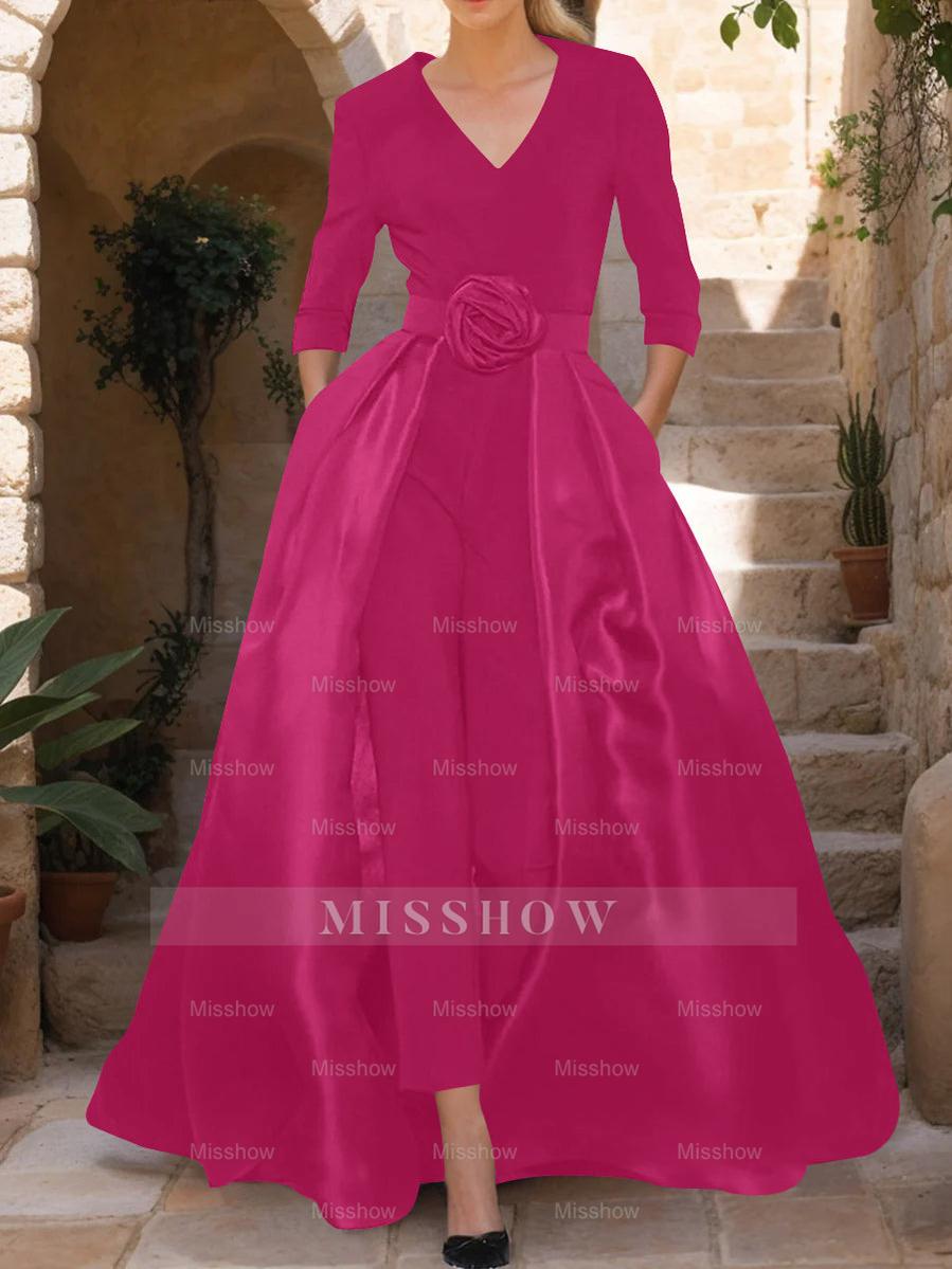 Mother of the Bride V-Neck Pantsuit with 3/4 Sleeves and Flower Belt