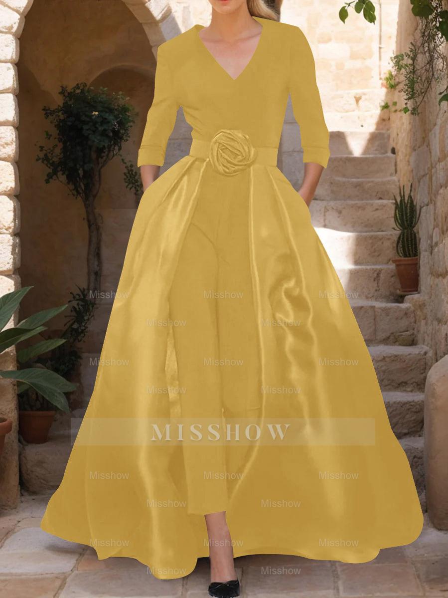 Mother of the Bride V-Neck Pantsuit with 3/4 Sleeves and Flower Belt