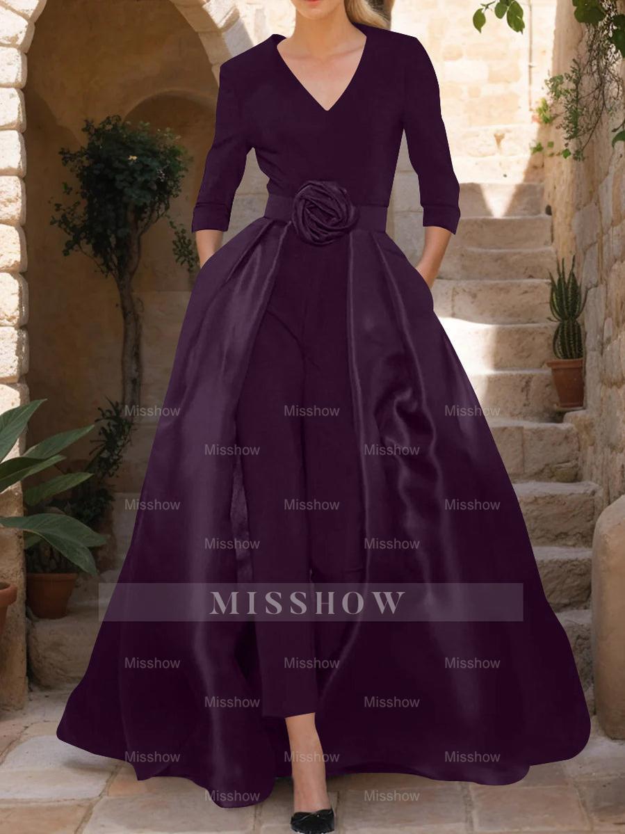 Mother of the Bride V-Neck Pantsuit with 3/4 Sleeves and Flower Belt