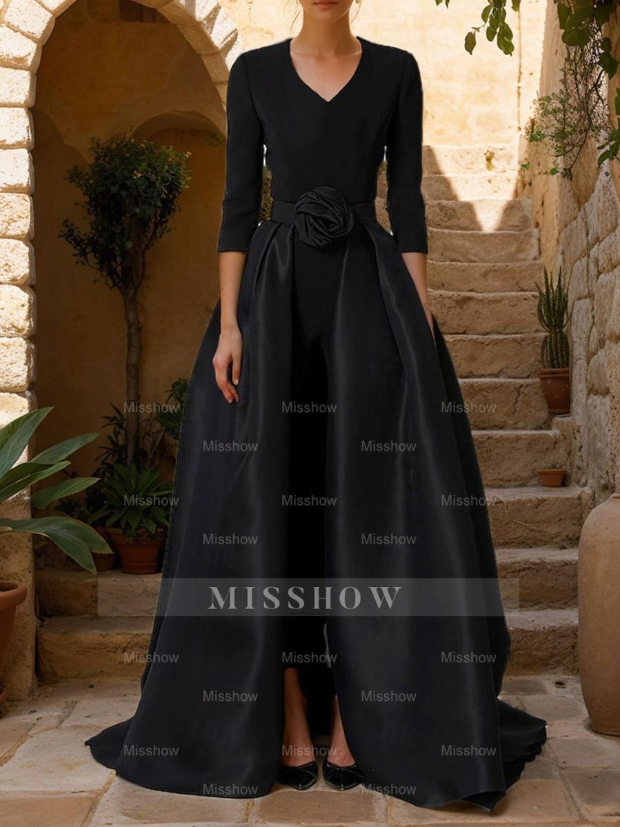 Mother of the Bride V-Neck Pantsuit with 3/4 Sleeves and Flower Belt