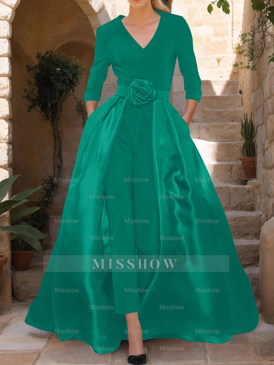 Mother of the Bride V-Neck Pantsuit with 3/4 Sleeves and Flower Belt