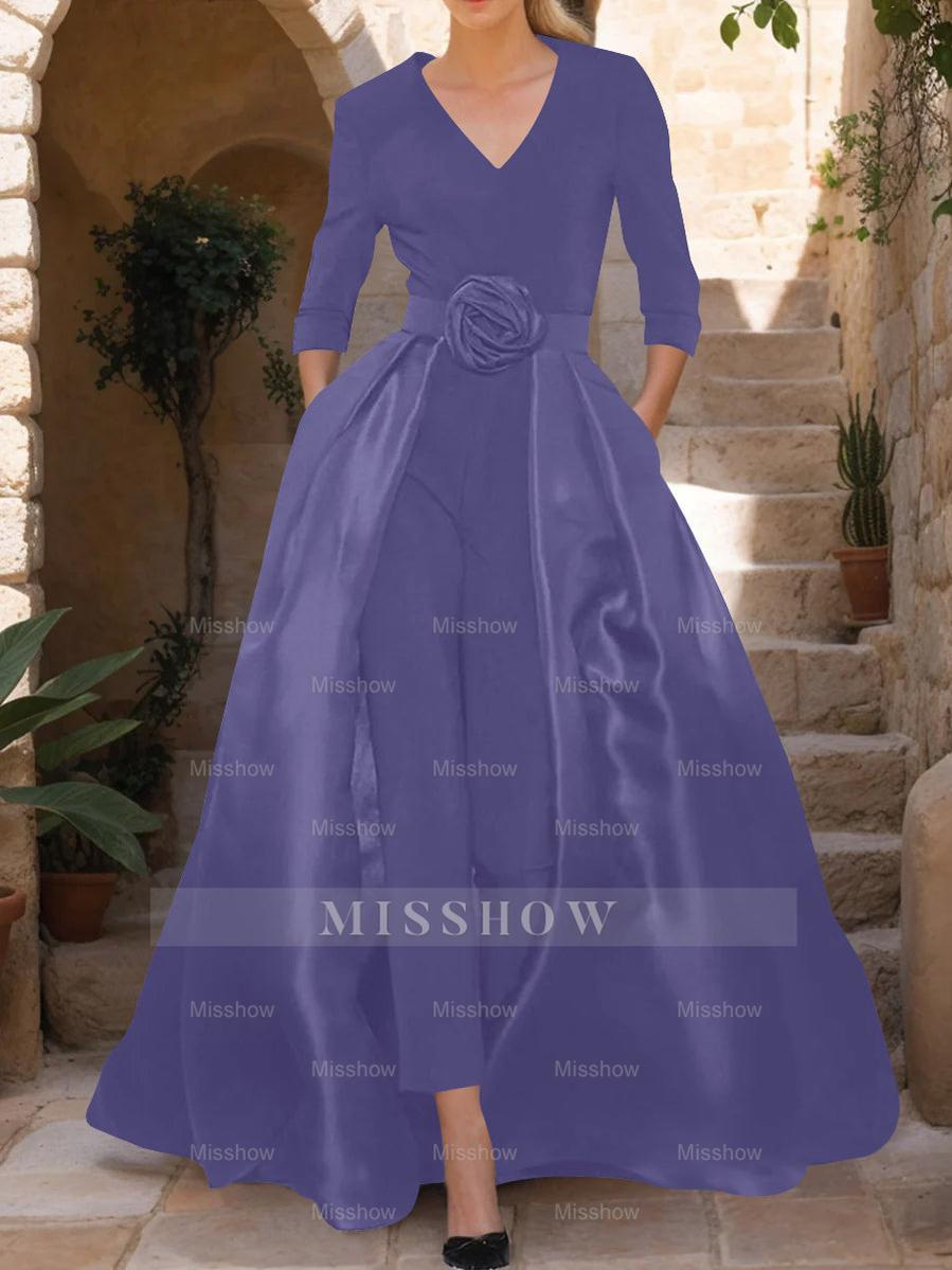 Mother of the Bride V-Neck Pantsuit with 3/4 Sleeves and Flower Belt