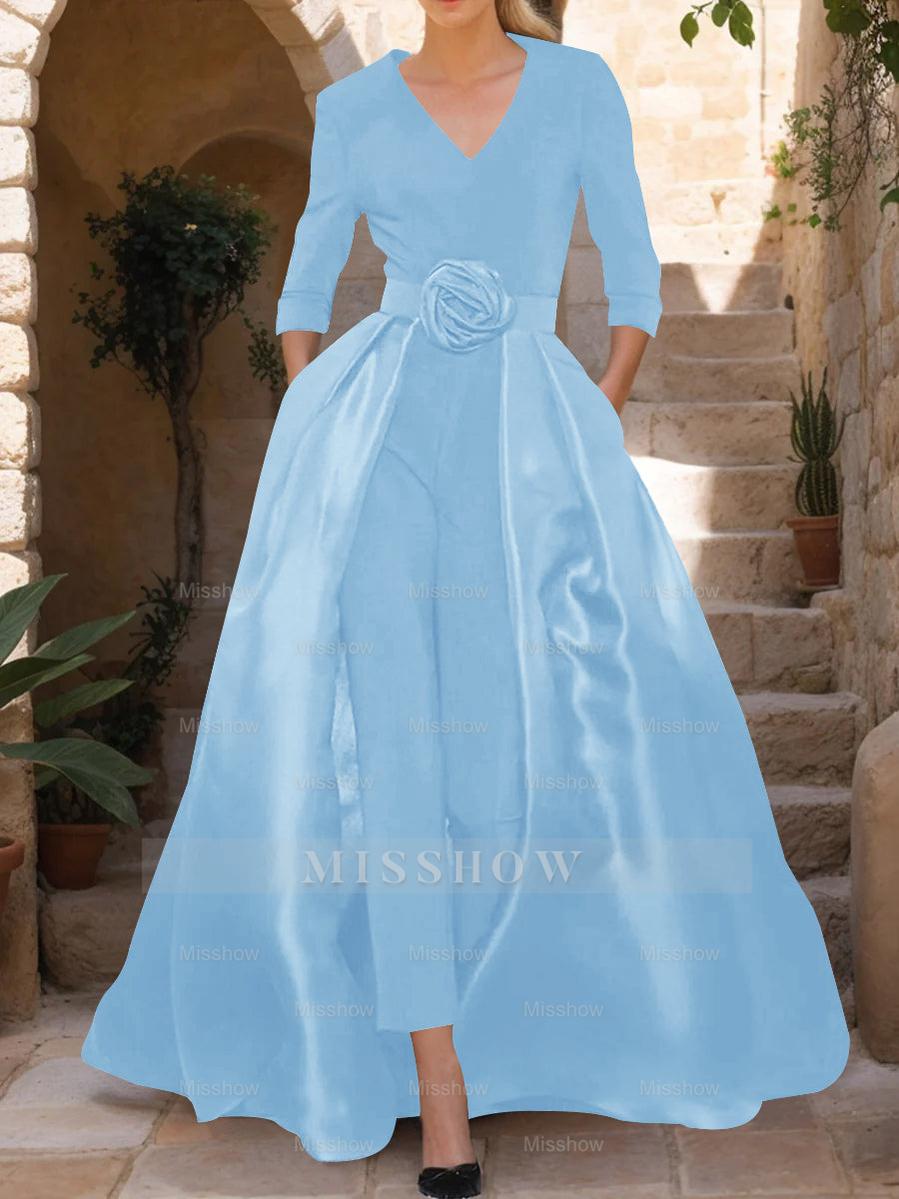 Mother of the Bride V-Neck Pantsuit with 3/4 Sleeves and Flower Belt