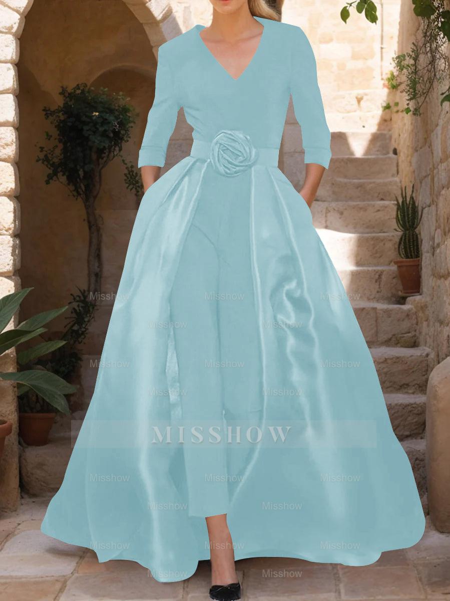 Mother of the Bride V-Neck Pantsuit with 3/4 Sleeves and Flower Belt