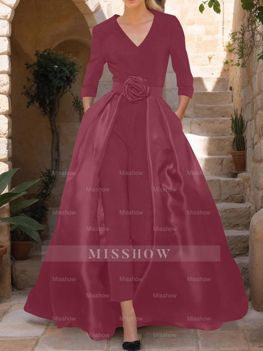 Mother of the Bride V-Neck Pantsuit with 3/4 Sleeves and Flower Belt
