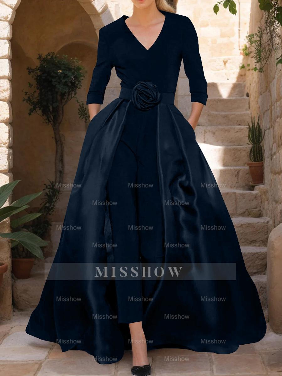 Mother of the Bride V-Neck Pantsuit with 3/4 Sleeves and Flower Belt