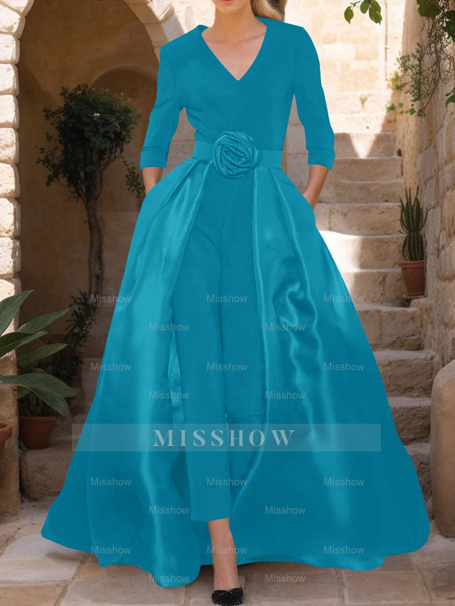 Mother of the Bride V-Neck Pantsuit with 3/4 Sleeves and Flower Belt