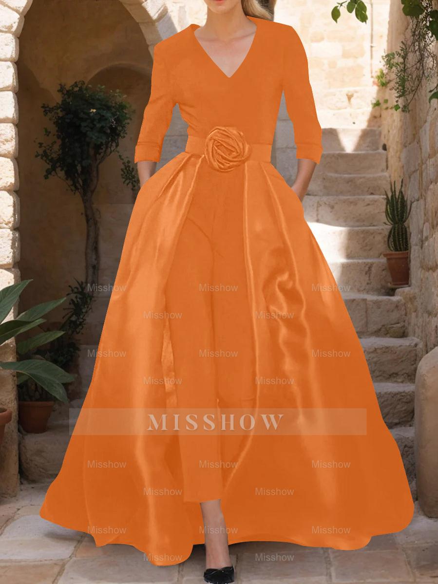 Mother of the Bride V-Neck Pantsuit with 3/4 Sleeves and Flower Belt