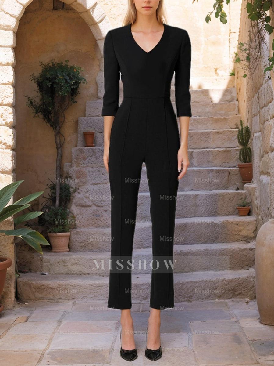 Mother of the Bride V-Neck Pantsuit with 3/4 Sleeves and Flower Belt