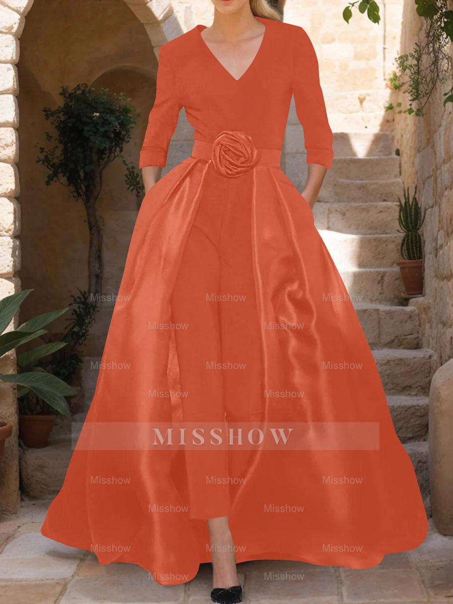 Mother of the Bride V-Neck Pantsuit with 3/4 Sleeves and Flower Belt