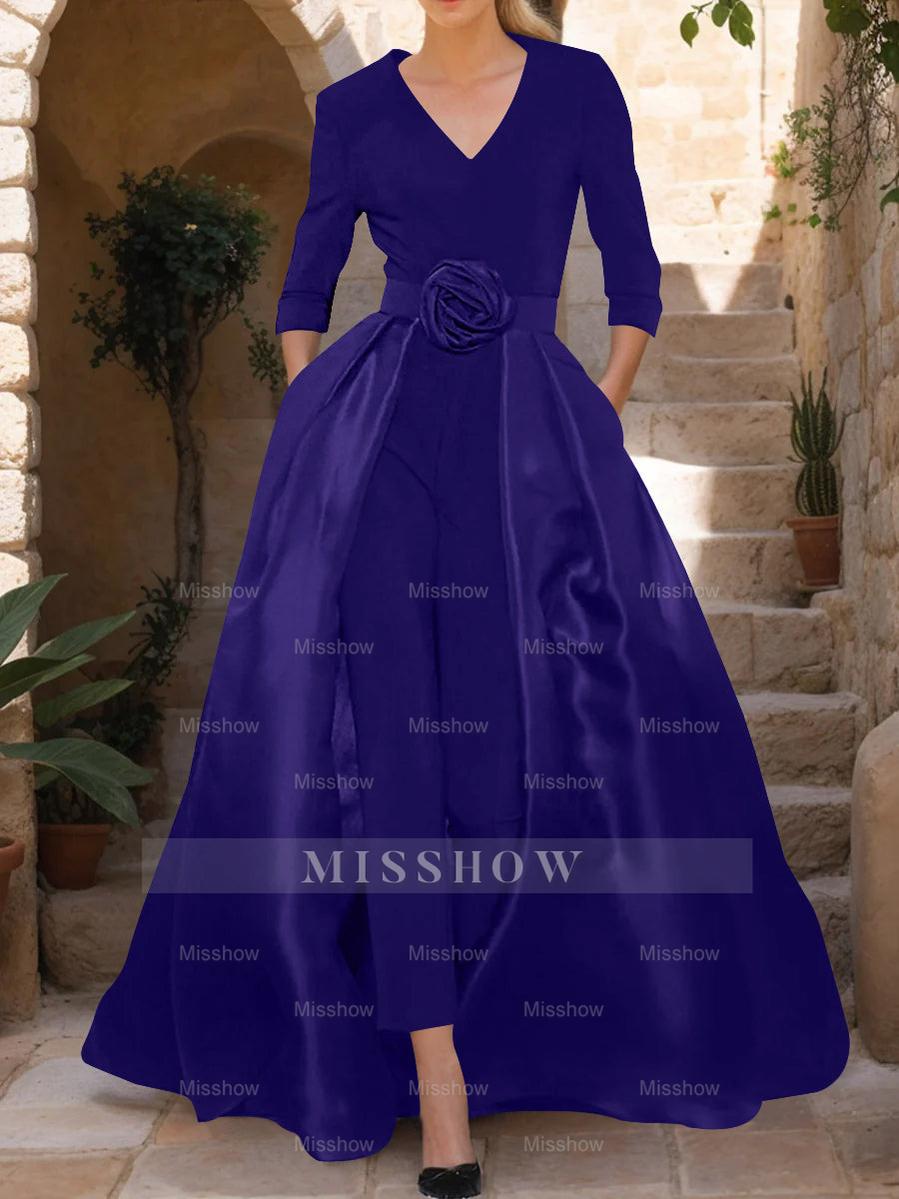 Mother of the Bride V-Neck Pantsuit with 3/4 Sleeves and Flower Belt