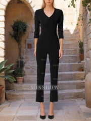 Mother of the Bride V-Neck Pantsuit with 3/4 Sleeves and Flower Belt