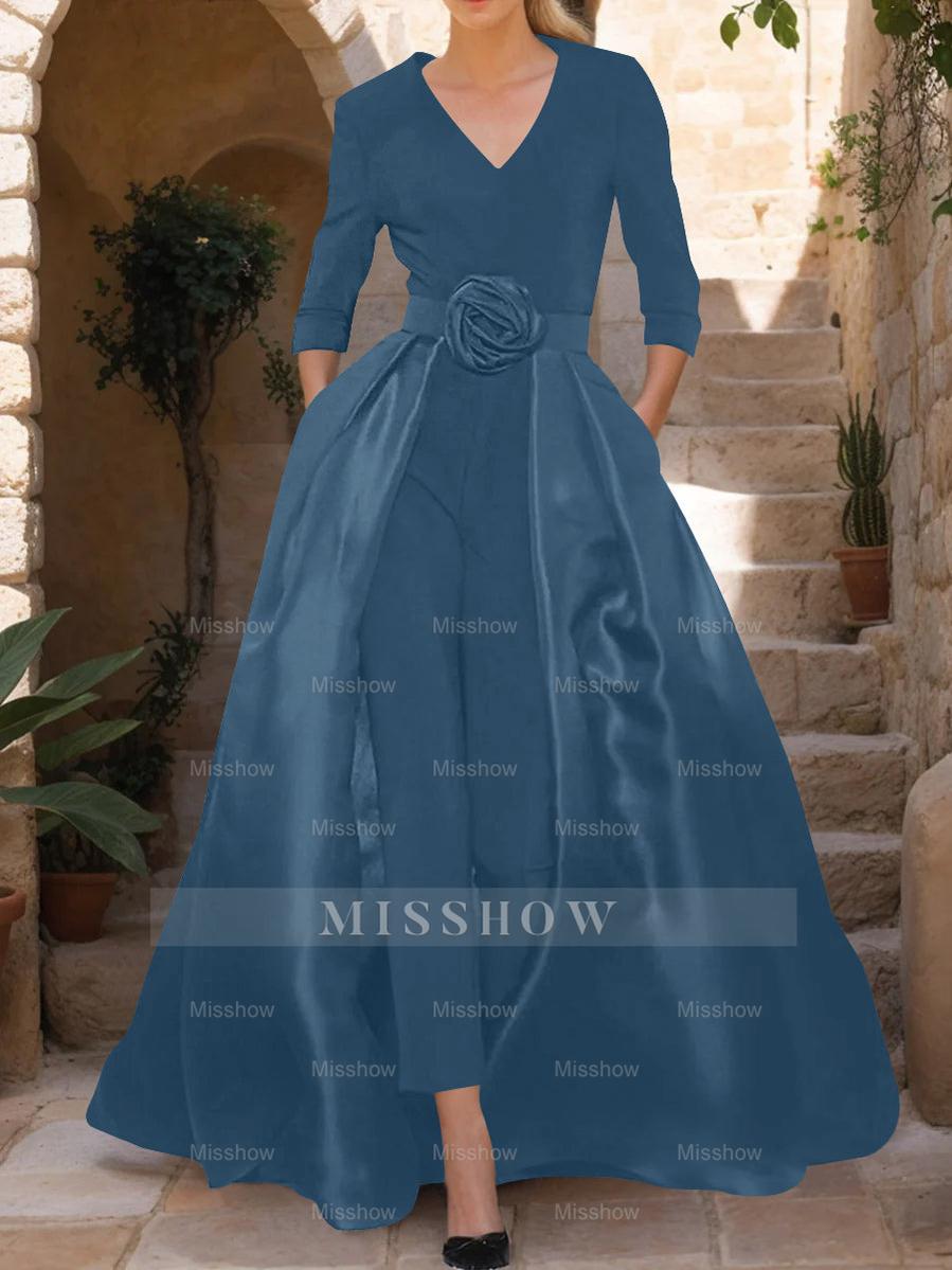 Mother of the Bride V-Neck Pantsuit with 3/4 Sleeves and Flower Belt