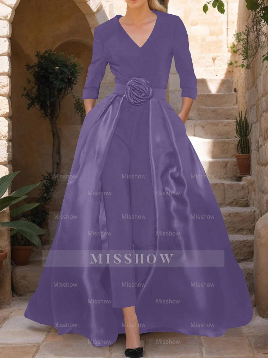 Mother of the Bride V-Neck Pantsuit with 3/4 Sleeves and Flower Belt