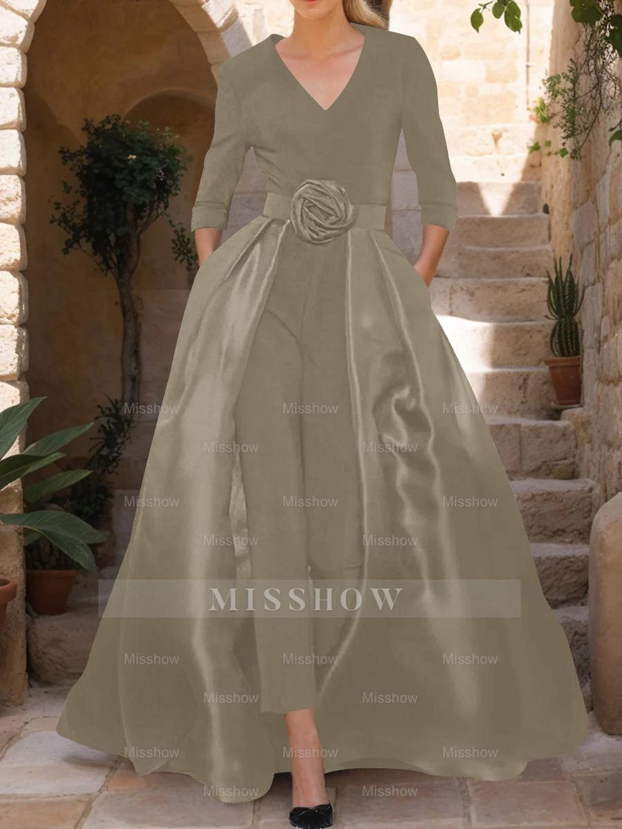 Mother of the Bride V-Neck Pantsuit with 3/4 Sleeves and Flower Belt