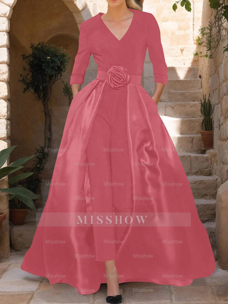 Mother of the Bride V-Neck Pantsuit with 3/4 Sleeves and Flower Belt