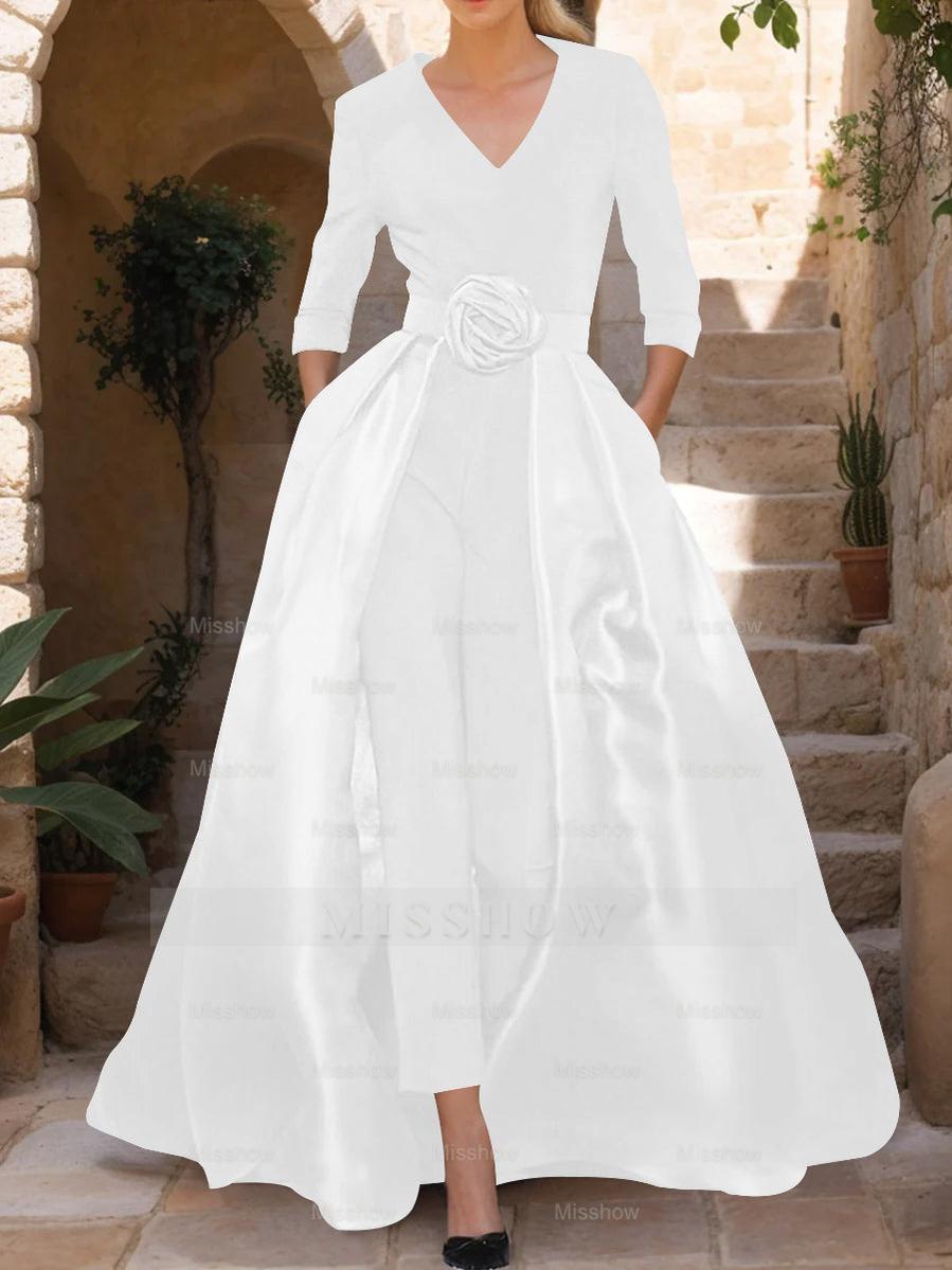 Mother of the Bride V-Neck Pantsuit with 3/4 Sleeves and Flower Belt