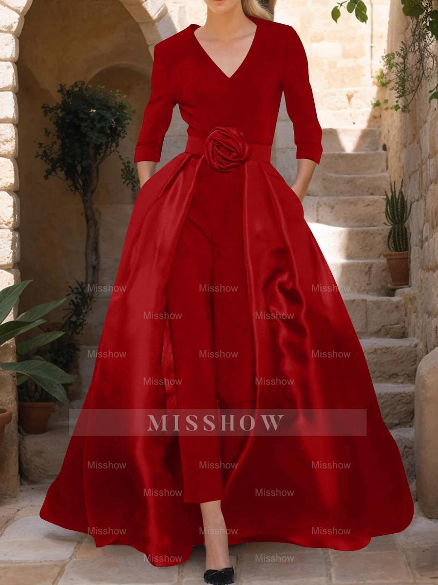Mother of the Bride V-Neck Pantsuit with 3/4 Sleeves and Flower Belt