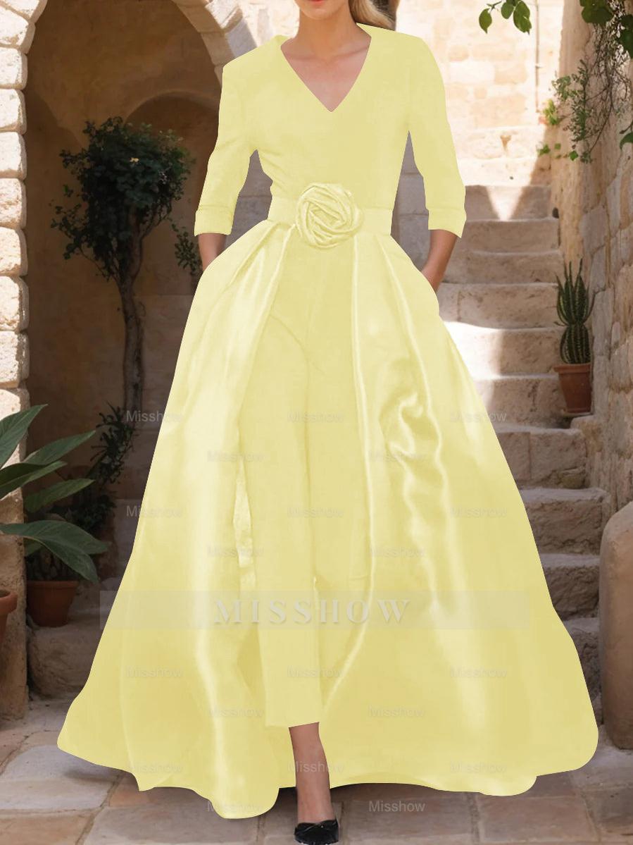 Mother of the Bride V-Neck Pantsuit with 3/4 Sleeves and Flower Belt