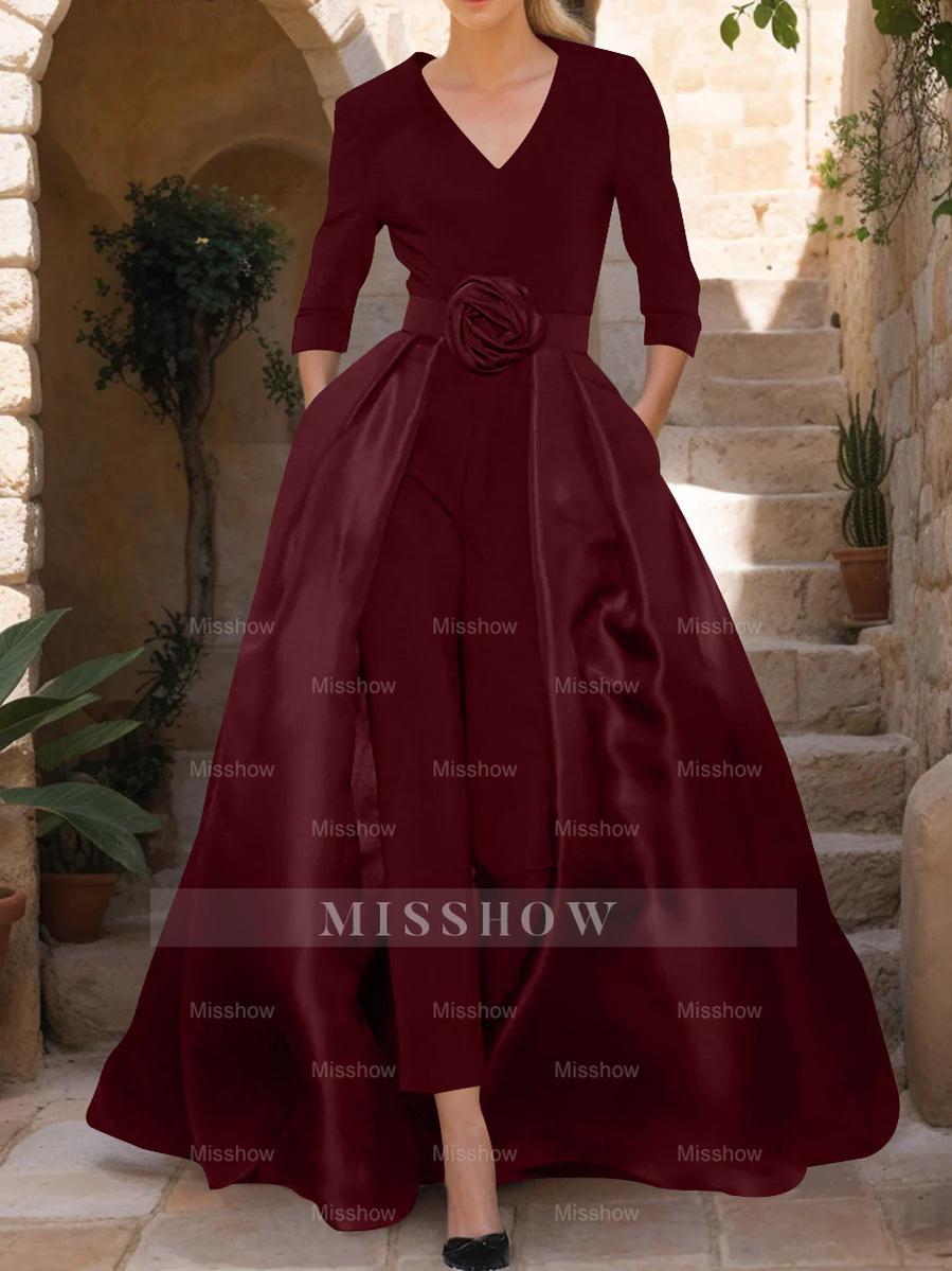 Mother of the Bride V-Neck Pantsuit with 3/4 Sleeves and Flower Belt