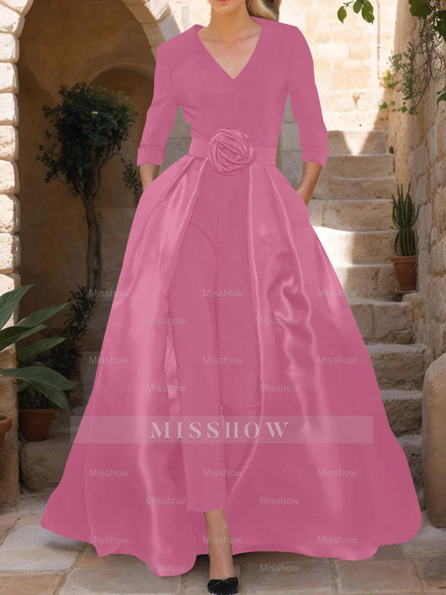 Mother of the Bride V-Neck Pantsuit with 3/4 Sleeves and Flower Belt