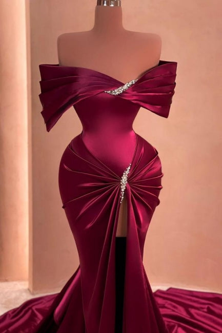 Mulberry Mermaid Off-The-Shoulder Ruffles Split Front Prom Evening Dresses with Beadings