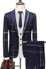 Navy Blue Chic Plaid Peaked Lapel Business Suit for Men