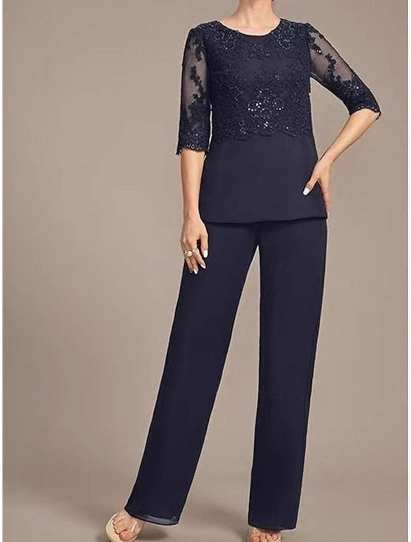 Navy Blue Chiffon 3-Piece Mother of the Bride Pants Suit Scoop Neck 3/4 Sheer Illusion Lace Sequin Beaded Top Straight Chiffon Pants Matching Chiffon Open-Front Jacket