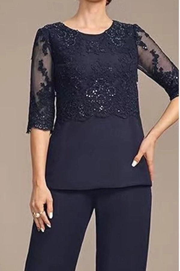 Navy Blue Chiffon 3-Piece Mother of the Bride Pants Suit Scoop Neck 3/4 Sheer Illusion Lace Sequin Beaded Top Straight Chiffon Pants Matching Chiffon Open-Front Jacket