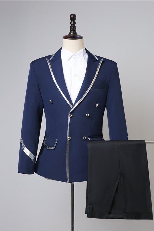 Navy Blue Double-Breasted Peaked Lapel New Arrival Prom Suit