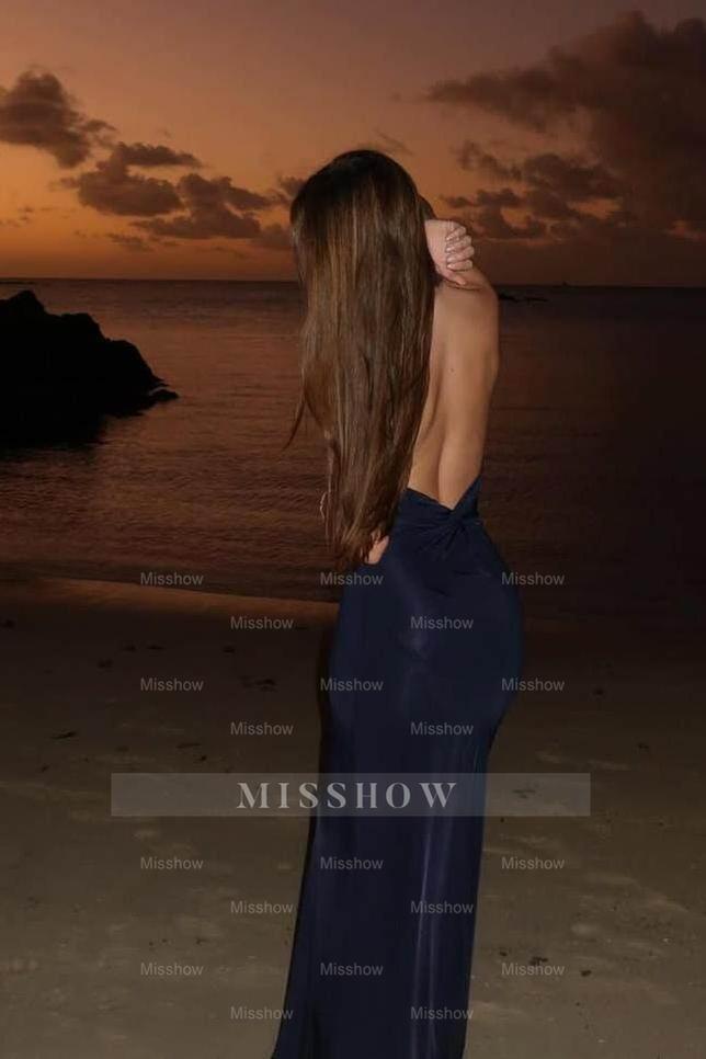 Navy Blue Halter Open Back Sleeveless Column Twist Front Floor Length Formal Evening Gown