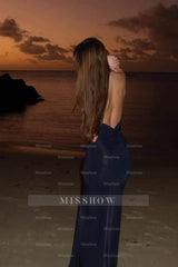 Navy Blue Halter Open Back Sleeveless Column Twist Front Floor Length Formal Evening Gown