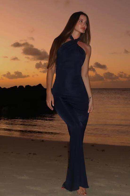 Navy Blue Halter Open Back Sleeveless Column Twist Front Floor Length Formal Evening Gown