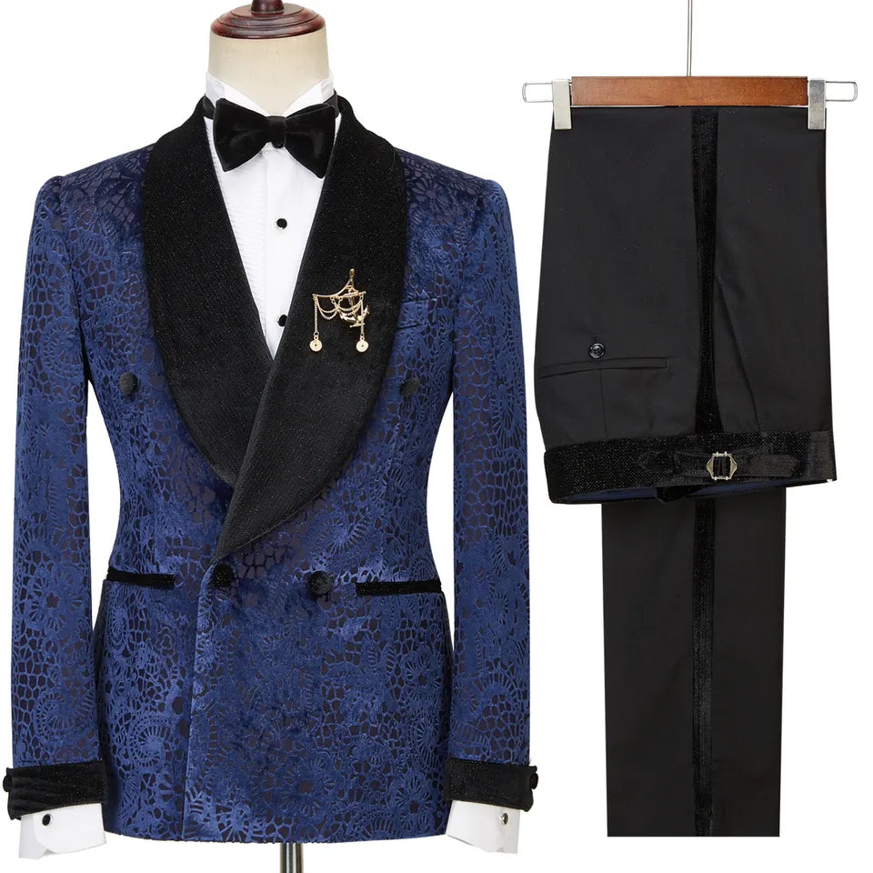 Navy Blue Jacquard Double-Breasted Wedding Suit With Black Velvet Lapel