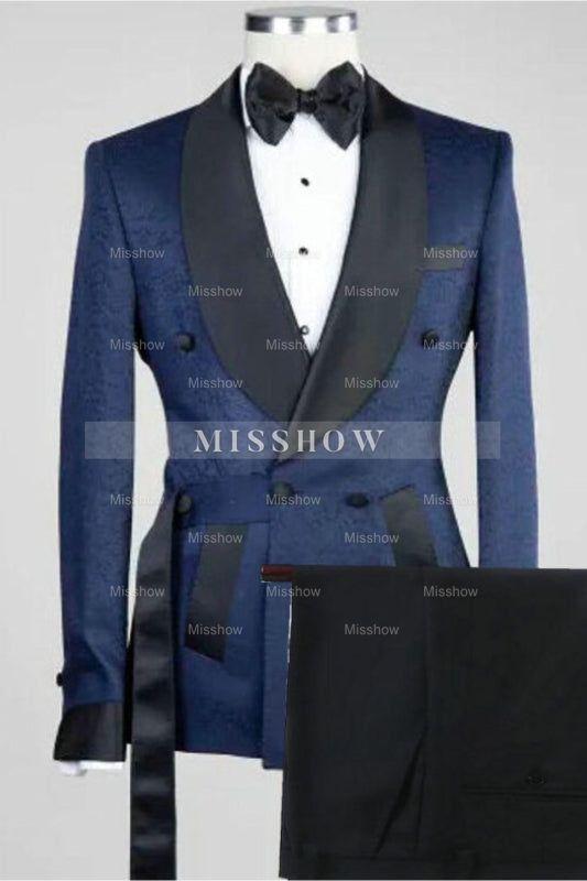 Navy Blue Jacquard Shawl Collar Double Breasted Elegant Wedding Suit