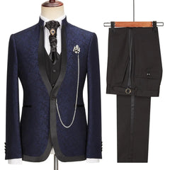 Navy Blue Jacquard Shawl Collar Three-Piece Latest Wedding Ensemble
