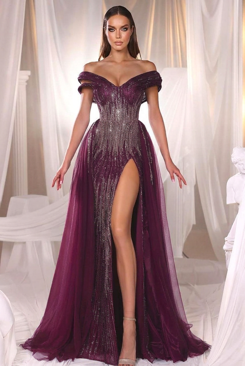 Grape off-the-shoulder beaded mermaid evening dress