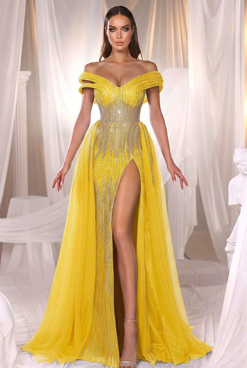 Yellow off-the-shoulder beaded mermaid evening dress