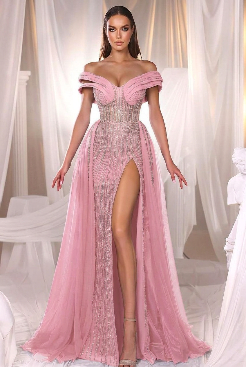 Candy pink off-the-shoulder beaded mermaid evening dress