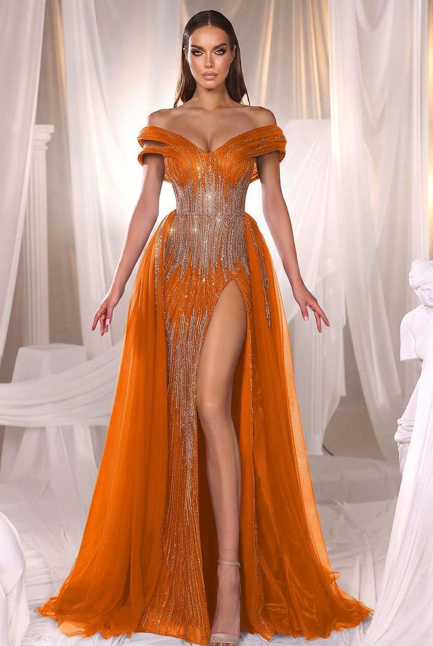 Orange off-the-shoulder beaded mermaid evening dress