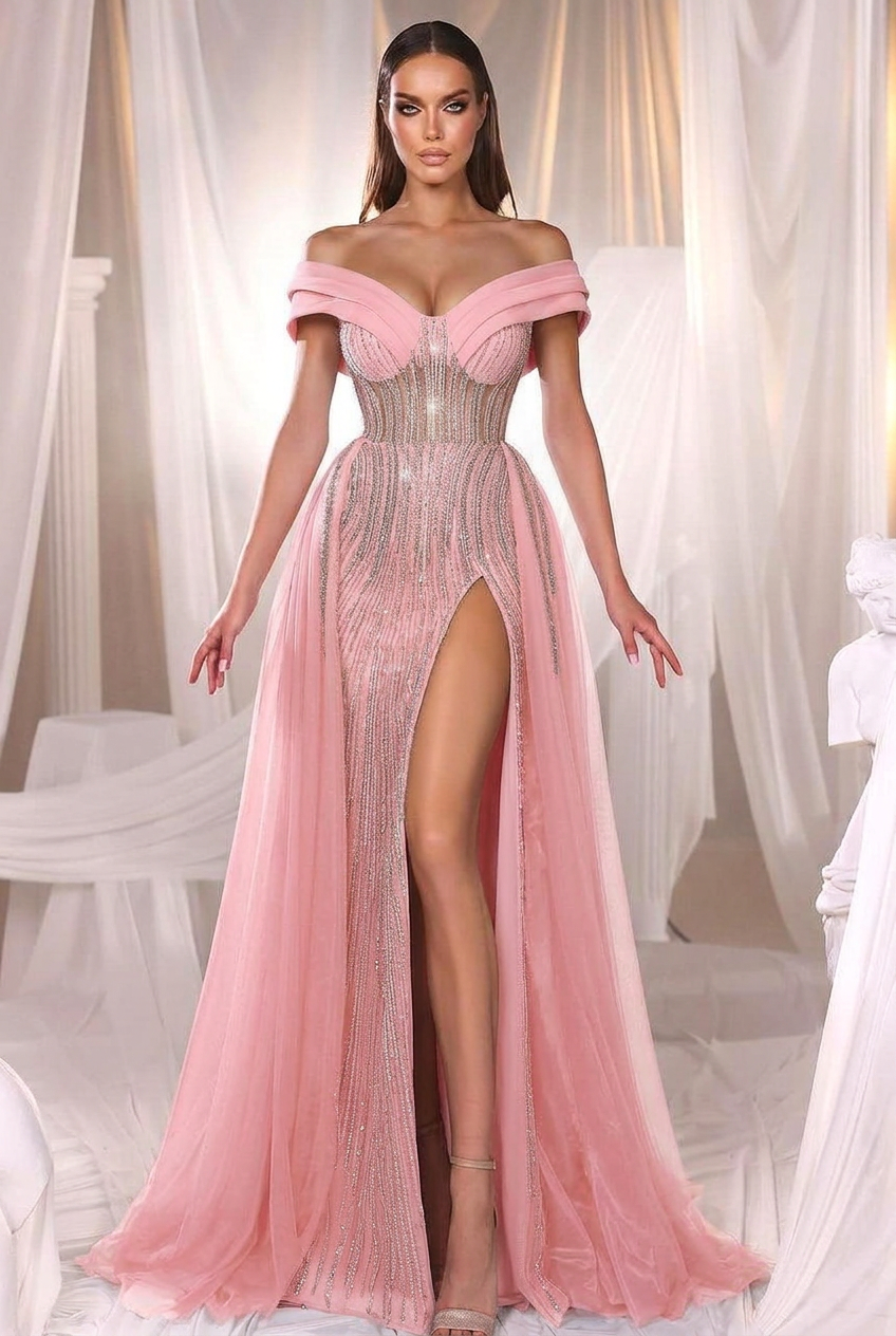 Blushing pink off-the-shoulder beaded mermaid evening dress
