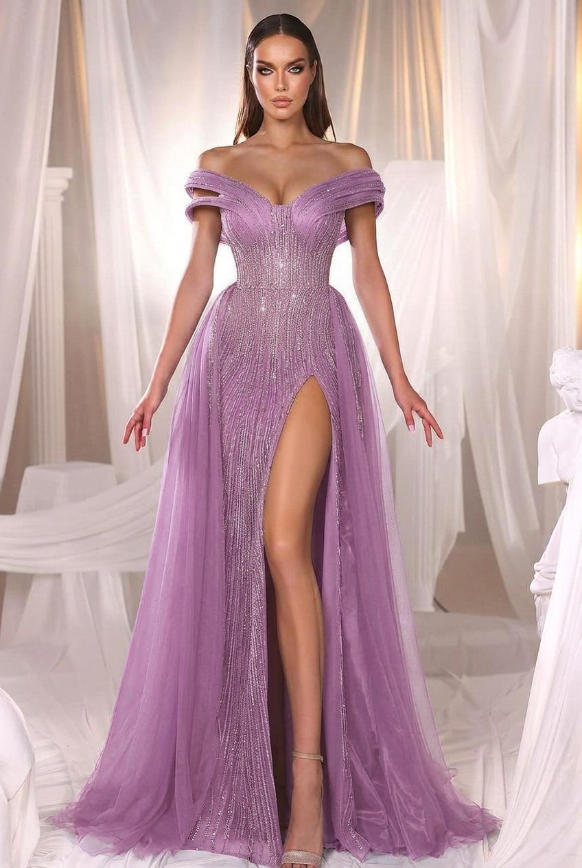 Lilac off-the-shoulder beaded mermaid evening dress